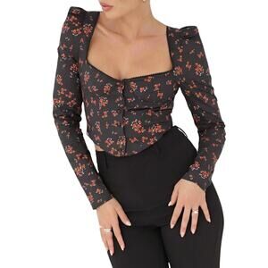 Rumored Antionette Long Sleeve Top Spanish Poppy Black Red Floral Crop Tie XS